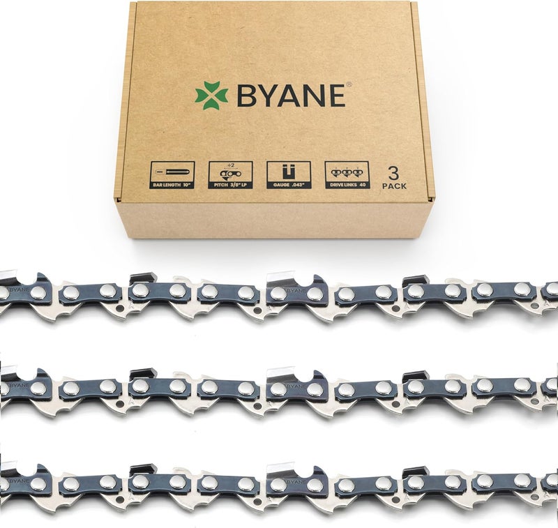 Byane 10 Inch Chainsaw Chain 3/8" LP Pitch .043" Gauge 40 Drive Links, Fits Milwaukee M18 FUEL Pole Saw, Ryobi P546, Worx WG322, LCS1020, CMCCS610D1 - R40 (3 Chains) - Image 1